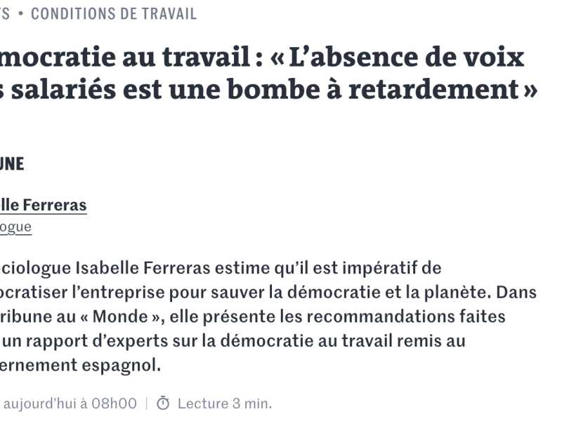 February 10, 2026. Le Monde – Démocratie au travail : « L’absence de voix des salariés est une bombe à retardement&nbsp;»